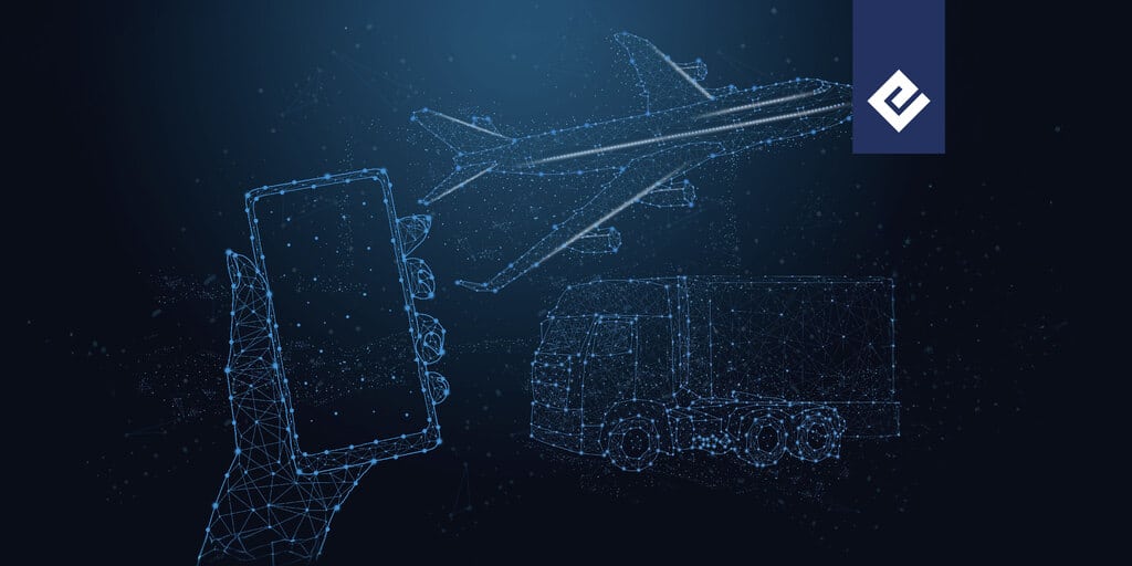 imagem ilustrativa de um caminhão, celular e avião, representando a inteligência artificial na logística